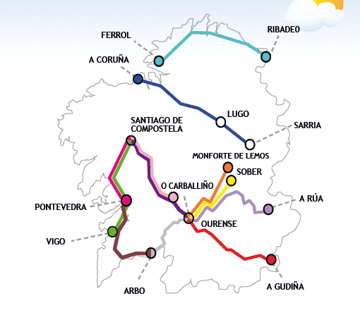 Mapa con rutas trenes turísticos de Galicia
