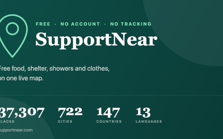SupportNear: comida, refugio, duchas y ropa gratis en un mapa. 37.307 sitios en 147 paises.