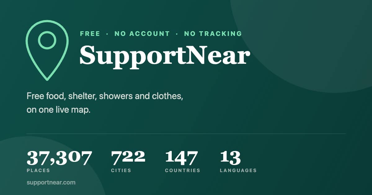 SupportNear: comida, refugio, duchas y ropa gratis en un mapa. 37.307 sitios en 147 paises.